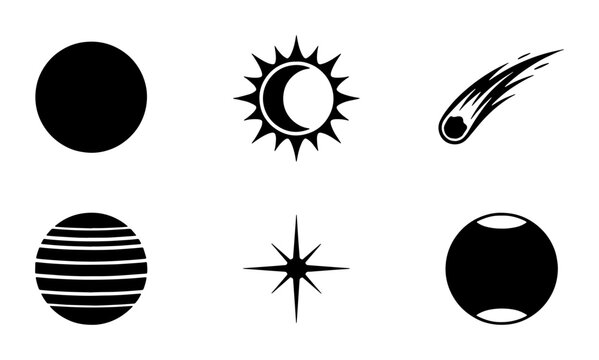 Minimalist celestial icon set, black and white space symbols including sun moon star and comet, 6 vector astronomy elements for logo design