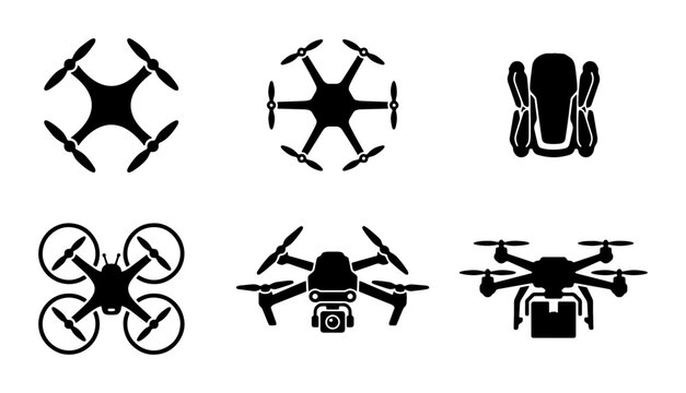 Drone icon set with 6 black silhouettes, unmanned aerial vehicle symbols for delivery and photography, quadcopter and hexacopter vector graphics
