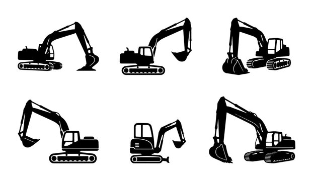 Heavy excavator silhouette icons set, construction machinery vector collection, industrial digger equipment illustrations for building site design