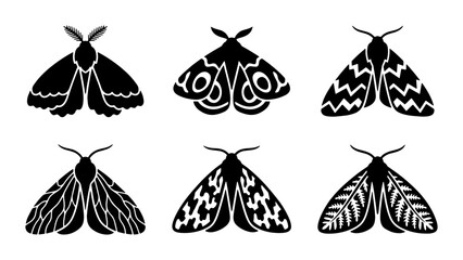 Vintage moth silhouettes set, 6 black butterfly vector icons, celestial nocturnal insect illustrations, mystical nature design elements © Rafia