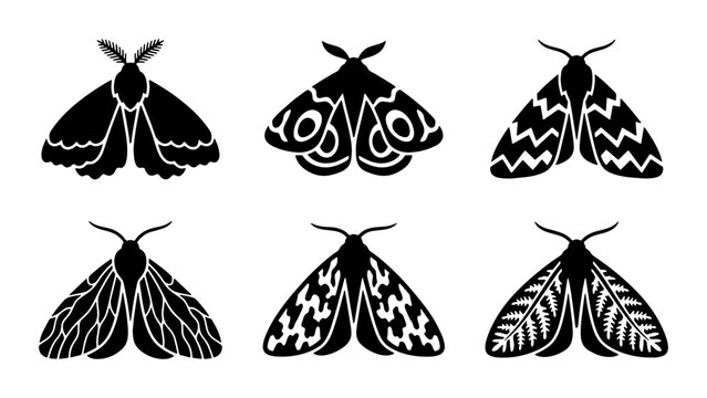Vintage moth silhouettes set, 6 black butterfly vector icons, celestial nocturnal insect illustrations, mystical nature design elements