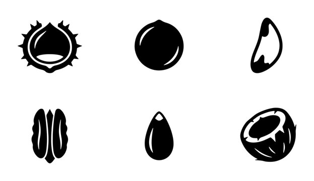 Minimalist nut icons set, black silhouette vector collection of chestnut, macadamia, brazil nut, pecan, almond, and coconut, organic food symbols