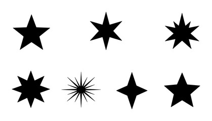 Obraz premium Minimalist black star icons set, collection of 7 geometric star silhouettes, flat vector starburst and sparkle shapes for graphic design