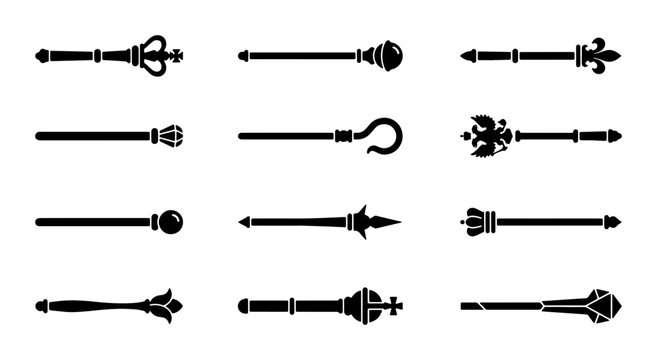 Medieval royal scepter icons, 12 black silhouette scepters and maces, heraldic king and queen regalia vector set, monarch ceremonial staff collection