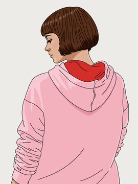 Young Confident Brunette Girl Wearing Blank Trendy Pink and Red Hoodie, Posing on White Background. Vector Illustration Fashion Portrait. Copy Space for Text or Logo
