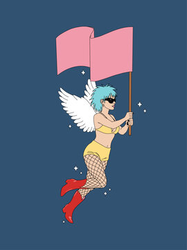 Woman with Wings, Blue Hair and Yellow Bikini Holding Pink Blank Flag Surrounded by Shining Stars against Dark Sky Galactic Background Activist, Revolutionary, Equality, Celebratory Concept.