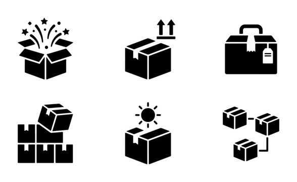 Logistics delivery box icon set, black solid shipping package symbols, 6 vector cardboard parcel icons for warehouse and distribution services