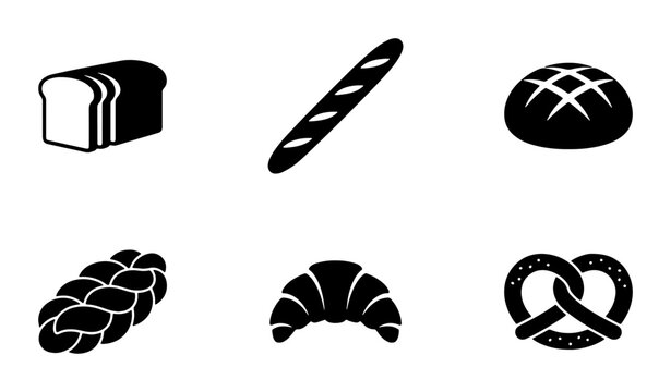 Bakery bread icons set, black silhouette bakery products vector, collection of 6 bread types including baguette, croissant, pretzel and loaf