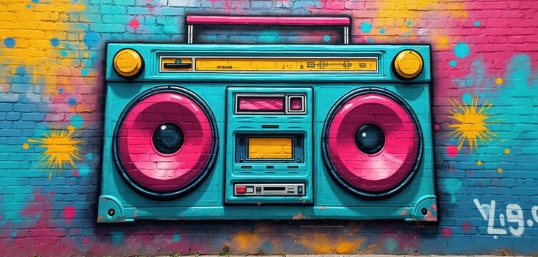 Turquoise retro boombox mural painted on brick wall. Vibrant pink yellow blue paint splashes adorns urban street art. This illustration features audio tape deck and speakers.