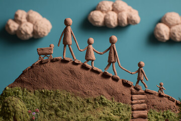 Naklejka premium Clay animation style, a family walking down the hill