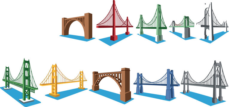 Isometric Bridge Vector Set with Suspension Arch Cable Bridge Models in Red Green Blue Yellow Gray for Architecture and City