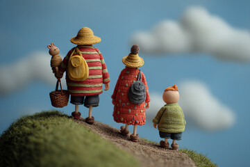 Naklejka premium Clay animation style, a family standing on the hill
