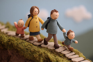 Fototapeta premium Clay animation style, a family walking down the hill