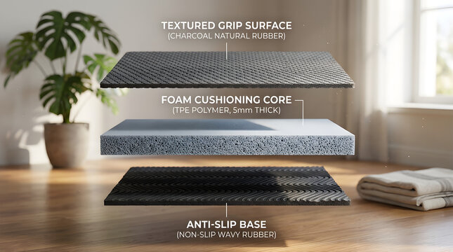 Yoga mat exploded layers infographic showing textured grip surface foam cushioning core and anti slip base for fitness equipment