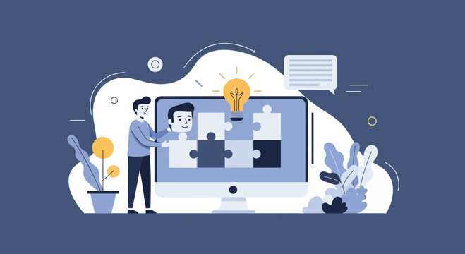 Teamwork and problem solving concept, person assembling puzzle on computer screen