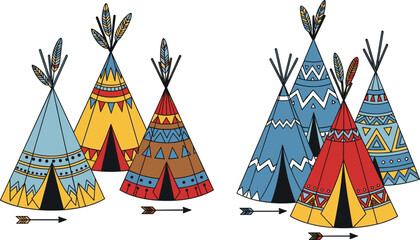 Native American Teepee Tent Icon Set Collection with Tribal Pattern Designs Boho Ethnic Symbols for Cultural Decoration Illustration and Graphic Elements. © MstSuborna