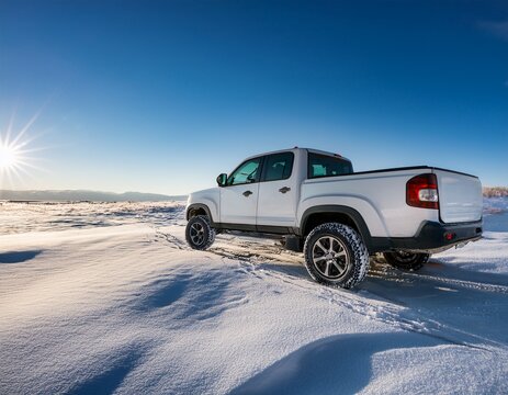 a white pickup truck parked on snowy landscape under clear sky showcasing its robust design and versatility