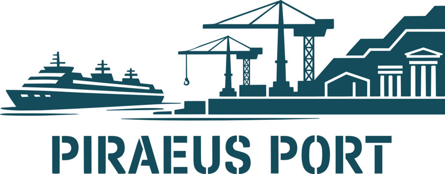 Piraeus Port Emblem with Ship, Cranes, and Architectural Elements in Silhouette with paper cut and harbor icon