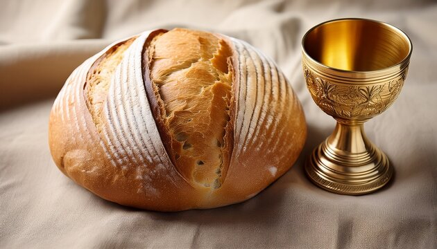 golden chalice and bread on linen cloth symbolizing abundance and sharing