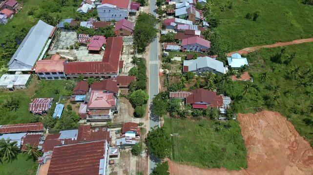 Drone Aerial View Small Town Village Houses Road and Green Landscape
