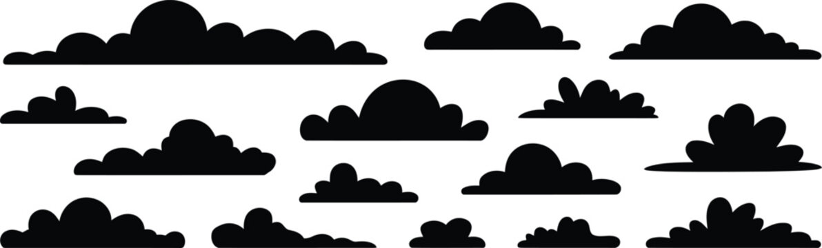 A diverse collection of black cloud shapes depicted as silhouettes on a clean white backdrop
