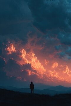 Silhouette person watching dramatic sunset clouds over mountains