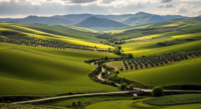Rolling green hills with olive groves and winding road