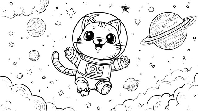 Adorable astronaut cat floating in outer space with planets and stars