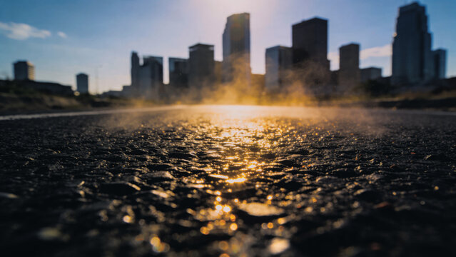 海から見たビル群が太陽光で逆光になり、海も太陽熱で蒸発している、