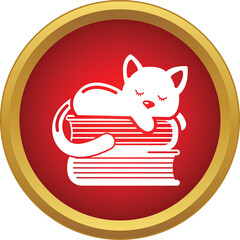 Fototapeta premium White cat mascot sleeping on books inside a red circle with a golden frame