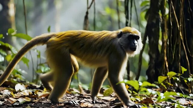 A monkey walks through a forest floor covered in leaves.