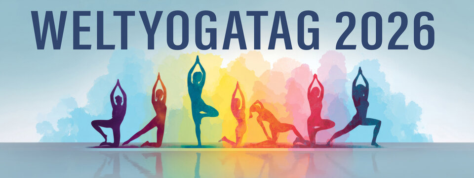 Weltyogatag 2026, Illustration Banner Karte mit deutschem Text - bunte Silhouette von Frauen in verschiedenen Yogaposen