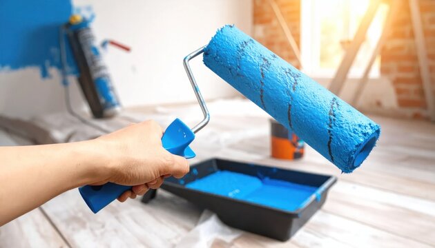A close-up shot of a human hand holding a bright blue paint roller ready to apply fresh paint to a wall during a home renovation project.