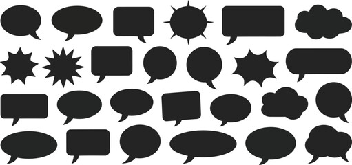 Fototapeta premium A diverse grid of black speech bubbles and communication shapes floating on a bright white surface