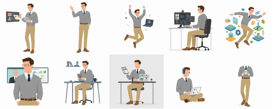 Flat Design Illustration Set of Professional Man Working, Coding, Presenting, and Celebrating in Digital Business and Technology Environment