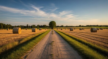 Fototapeta premium Scenic Country Road Through a Field of Hay Bales Under a Blue Sky.
