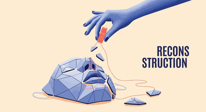 Reconstruction concept, polygon face repair, 3D geometric figure, broken pieces fixing