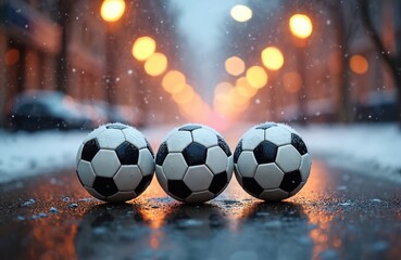 Fototapeta premium Three soccer balls rest on wet pavement in falling snow. City lights glow softly in the blurred background, creating a serene winter sports scene. Balls have white panels and black pentagons.