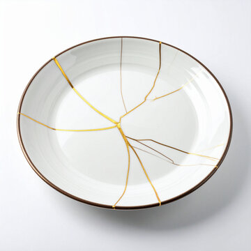 White ceramic plate repaired with golden kintsugi technique.
