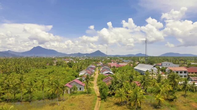 Drone Aerial View Tropical Village Coconut Tree and Mountain Landscape