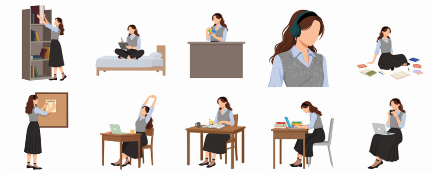 Simple Flat Design Character Set of a Woman Student Living Everyday Life Scenes