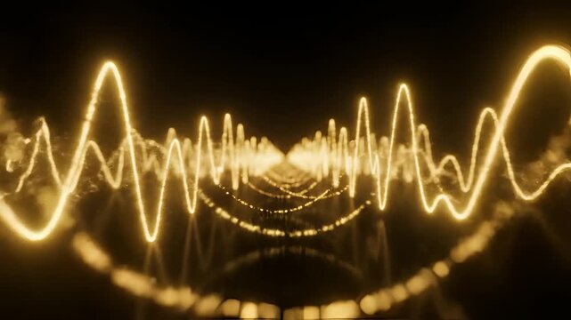 Abstract Golden Sound Wave Tunnel Visualization.