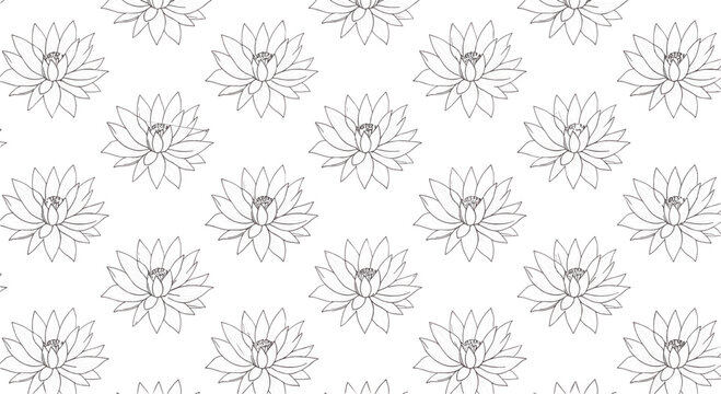 Elegant black and white lotus flower seamless pattern featuring hand-drawn botanical sketches for textile design, calming yoga studio wallpaper, 