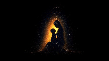 Fototapeta premium A silhouette of a woman and child sitting together outside at night
