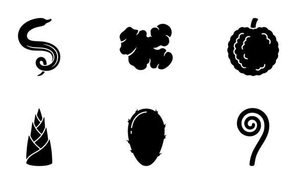 Asian vegetable icon set, black silhouette food symbols, ginger root and bamboo shoot vector collection, exotic produce illustrations for menu design