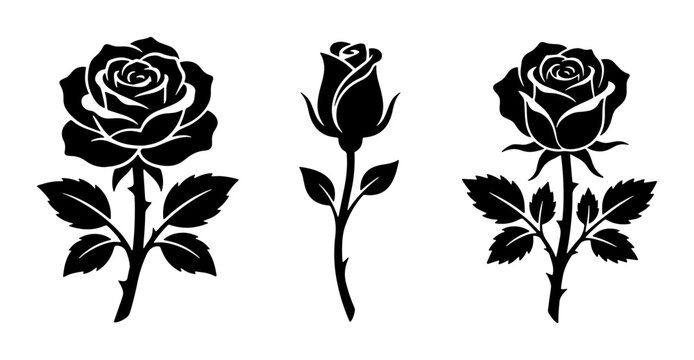 Black rose silhouettes, set of 3 floral vector icons with stems and leaves, elegant rose flower blossom stencils for wedding and tattoo design