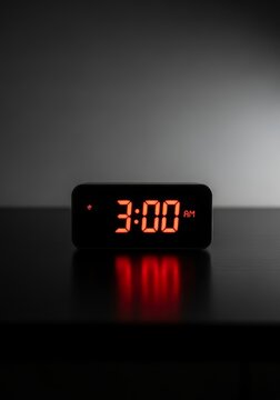 Digital alarm clock displaying 3 AM in a dark setting, symbolizing extended working time, productivity schedules, and time management in professional environments