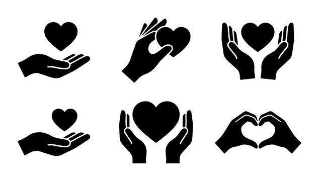 Minimalist heart and hands icon set, 6 black vector silhouettes for charity and care, human hands holding heart symbols for love and support