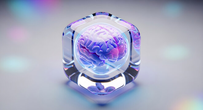 Human brain inside a transparent glass cube, representing artificial intelligence and cognitive technology concept