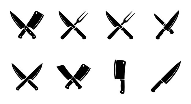 Professional kitchen knife icons, set of 8 black butcher cleaver and chef knife silhouettes, crossed culinary tools for restaurant branding and menu design